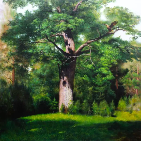 《金翼守望 ‧ 良禽擇木》100cm 正方油畫原作 / 頂級微噴